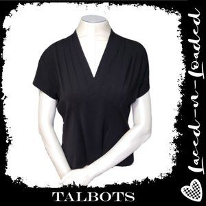 Black V-neck Top Short Sleeve Pleated Talbots